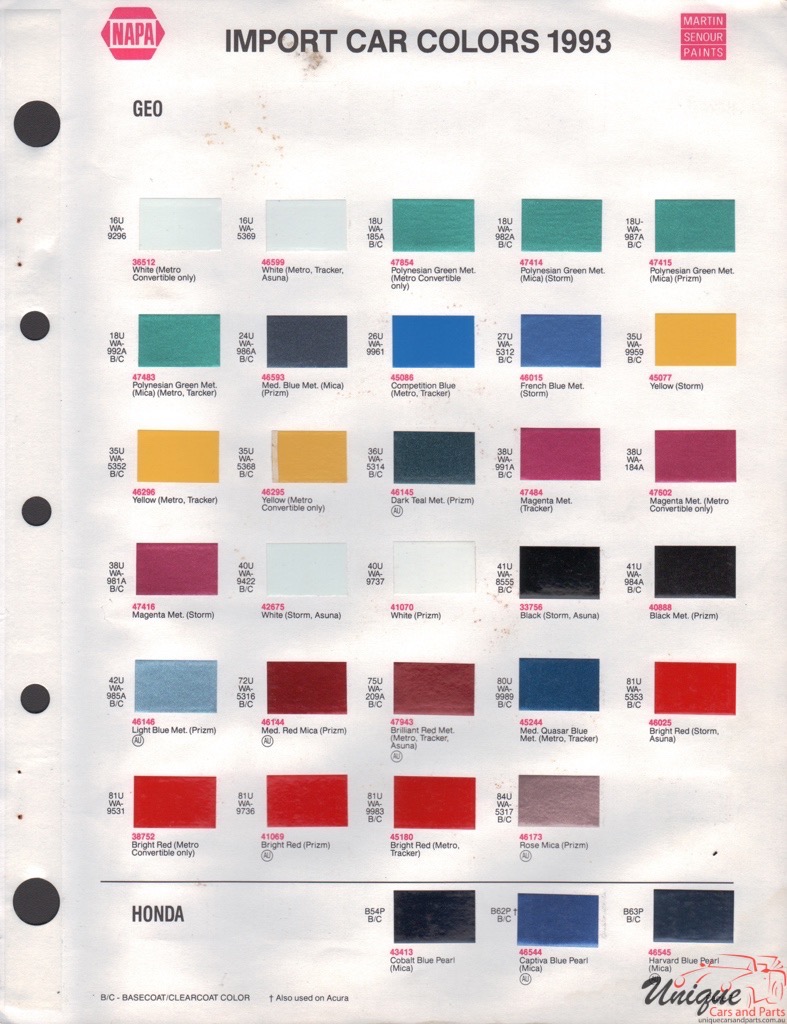 1993 GM GEO Paint Charts Martin-Senour 1